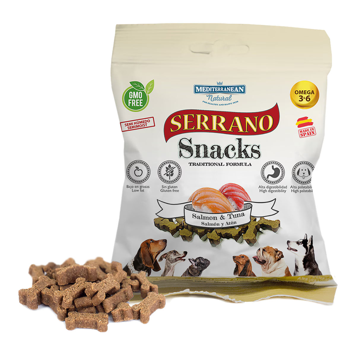 Snack para perros Mediterranean Natural Serrano salmón y atún 85 g