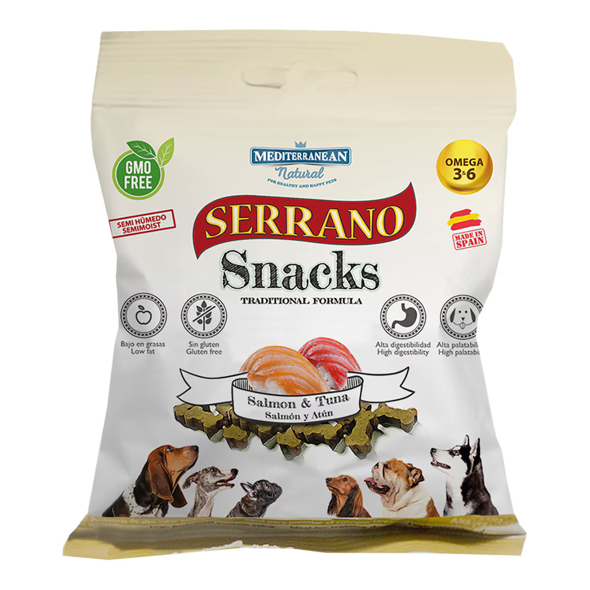 Snack para perros Mediterranean Natural Serrano salmón y atún 85 g