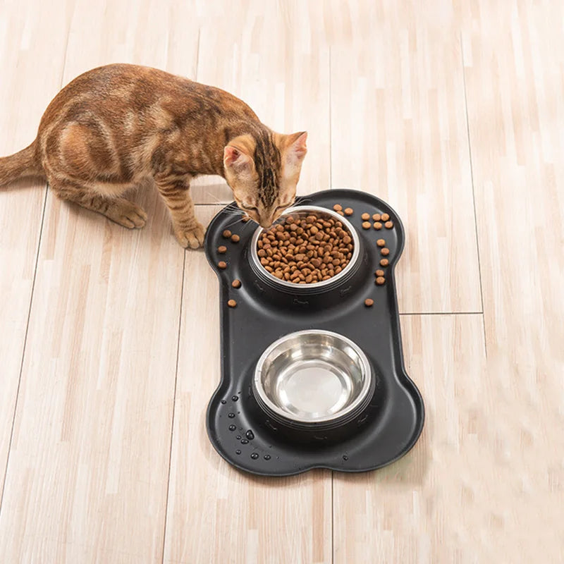 Comedero anti deslizante de acero inoxidable con goma en forma de hueso